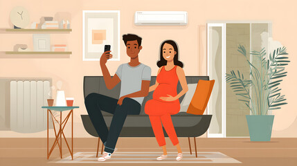 A happy couple, a Black man and a Hispanic woman, sitting together on a sofa, enjoying a moment with their phones in a cozy living room.