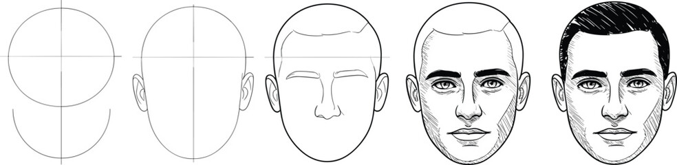 Step-by-step male face drawing tutorial showing construction lines, anatomy proportions, and sketch progression for illustration, character design, portrait art, and education.