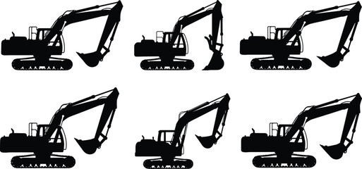 Set of excavator silhouettes, heavy construction machinery collection, black digger vector illustration, industrial earth mover icons. © Vector Sifat