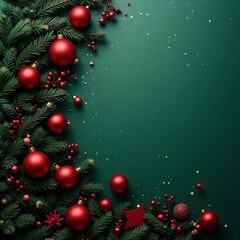Festive christmas background with red ornaments and pine branches on green