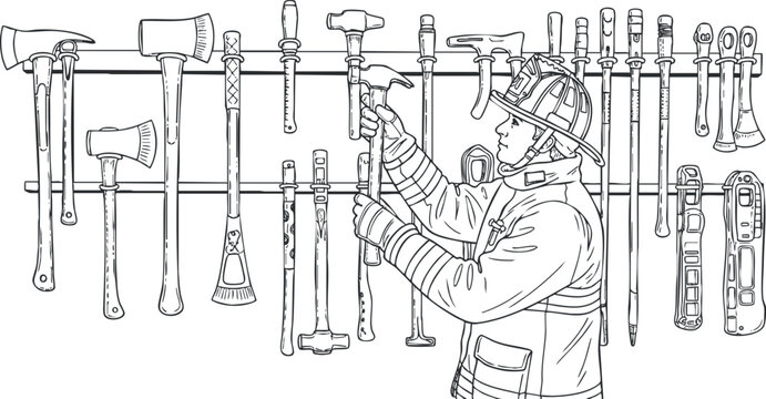 An illustration of a firefighter inspecting tools such as axes and hammers in a detailed black and white outline style, suitable for emergency services graphics