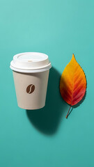 Warm coffee and colorful autumn leaf on teal background