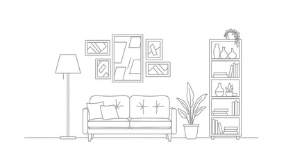 Minimalist living room sketch featuring a sofa bookshelf and wall art in a black and white silhouette style interior design concept silhouette