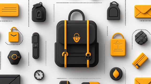 A black backpack and various objects with yellow accents are arranged on a white background. The design is minimalist and modern, with a flat lay composition.