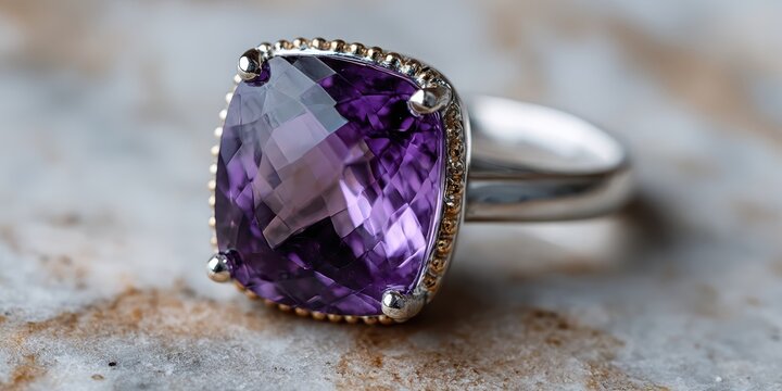 jewelry photography, vintage-style silver amethyst cocktail ring with cushion-cut gem and small silver accents on minimal marble background with soft lighting for elegance