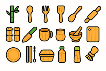 Eco-friendly bamboo kitchen utensils set with cutlery, cups, and accessories
