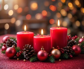 Festive christmas centerpiece with red candles and ornaments on glittery surface