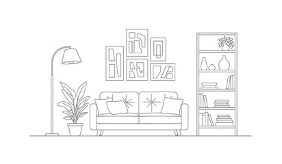 Elegant living room interior design sketch with sofa bookshelf and plant featuring a clean and minimalist silhouette style drawing silhouette © rsvect02