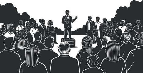 A crowd of diverse people listening to a businessman giving a speech in black and white vector style, suitable for corporate presentations and motivational themes