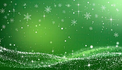 Festive green background with falling snowflakes and sparkling winter lights.