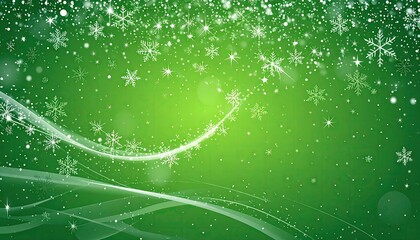 Festive Green Winter Snowfall with Elegant Swirling Light Streaks Background.