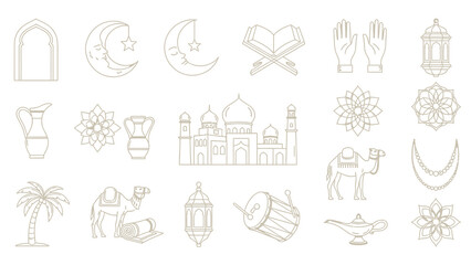 A comprehensive collection of line art icons representing various elements of Islamic culture and religious traditions.