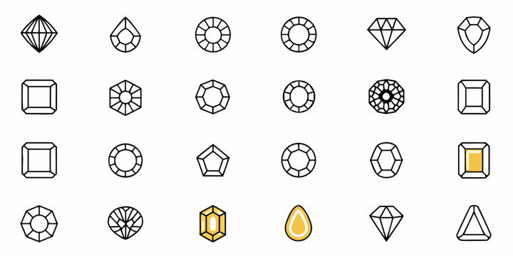 Collection of various gemstone cut icons in outline style on white background