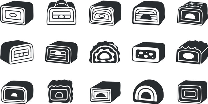 A collection of sushi rolls in black and white minimalist vector style, perfect for restaurant menus and culinary designs