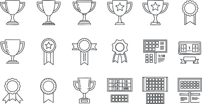 A collection of trophy and award icons in outline vector style, suitable for recognition and achievement themes