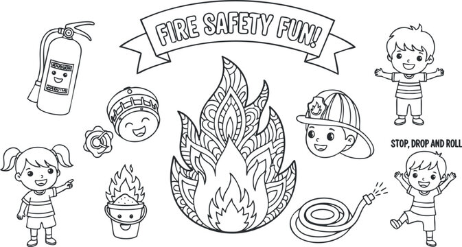 A playful illustration of fire safety fun featuring children, fire safety symbols, and tips in a black and white outline style, ideal for educational materials