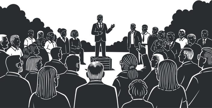 A crowd of diverse people listening to a businessman giving a speech in black and white vector style, suitable for corporate presentations and motivational themes