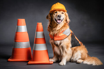 A golden retriever in a construction vest and helmet poses beside traffic cones, showcasing a playful take on safety and work.