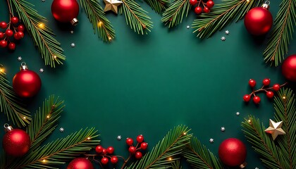 Festive christmas frame with red ornaments and pine branches on green background