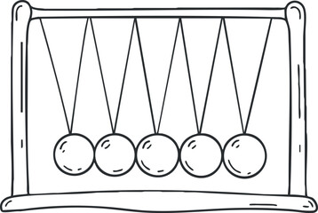 A Newton's cradle with five hanging balls in black and white outline vector style, suitable for educational materials or scientific illustrations