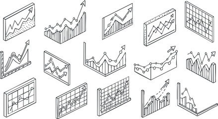 Obraz premium A collection of various line and bar graphs in minimalist outline vector style, ideal for data visualization and business presentations