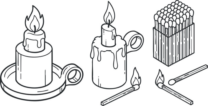 A collection of candles and matches in a clean outline minimalist vector style, suitable for home decor and ambiance design