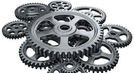 Interlocking Metal Gears, a Polished Silver Finish, cutout, PNG isolated on white or transparent background