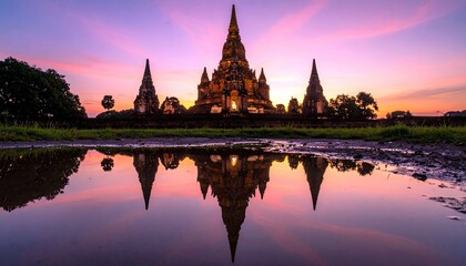 Obraz premium A beautiful sunset reflects in the water in front of an ancient temple in Ayutthaya, Thailand. The sky is filled with vibrant colors.