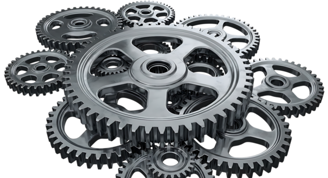 Interlocking Metal Gears, a Polished Silver Finish, cutout, PNG isolated on white or transparent background