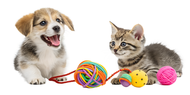 Playful puppy and kitten interacting with colorful pet toys — rubber ball, rope toy, plush mouse. Energetic fun action, cute expressions, realistic fur detail, isolated on white or transparent PNG, cl