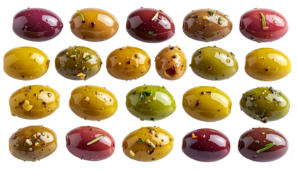 Isolated Marinated Olives Collection - Gourmet Set of Herb-Seasoned Mediterranean Food Elements in Variety of Colors