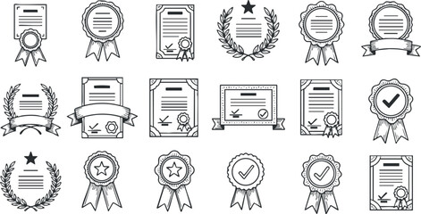 A collection of award and certificate icons featuring ribbons, seals, and laurels in a monochrome outline vector style, suitable for recognition and achievement designs