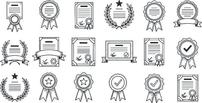 A collection of award and certificate icons featuring ribbons, seals, and laurels in a monochrome outline vector style, suitable for recognition and achievement designs