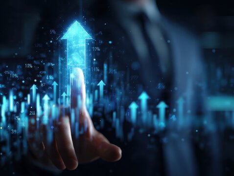 Businessman touching futuristic graph showing financial growth statistics - Powered by Adobe