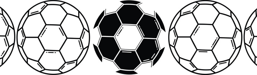 Fototapeta premium Black and white classic football or soccer balls in a repeating border design with traditional hexagonal and pentagonal pattern, isolated sport vector illustration on white background.