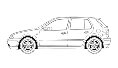 Detailed hatchback car outline illustration in black and white featuring a clean silhouette style perfect for coloring books and automotive designs silhouette