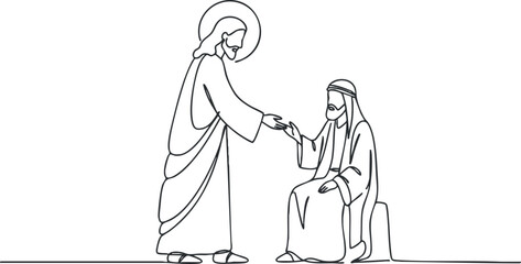 A line art illustration of Jesus healing a person in minimalist style, perfect for religious themes and spiritual projects