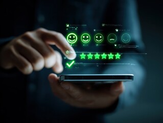 Businessman rating digital service with smartphone interface and smiley faces