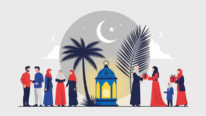A vibrant illustration of Muslim people celebrating a religious holiday, exchanging gifts and greetings under a crescent moon and palm trees.