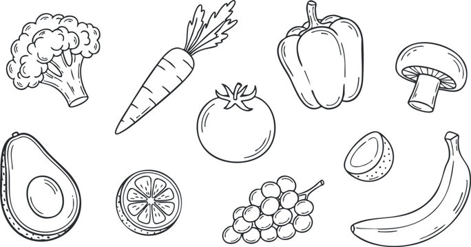 A collection of hand-drawn vegetables and fruits in black and white outline vector style, perfect for health and nutrition designs