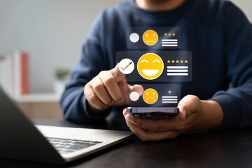 Customer satisfaction and five-star rating concept showing a man holding a smartphone with floating golden stars and user feedback icons, representing excellent service and digital reputation.