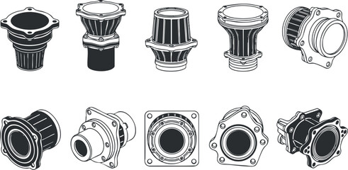 A collection of various pipe fittings and connectors in black and white vector style, suitable for engineering and industrial design projects