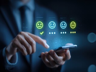 Businessman rating digital service with smartphone interface and smiley faces