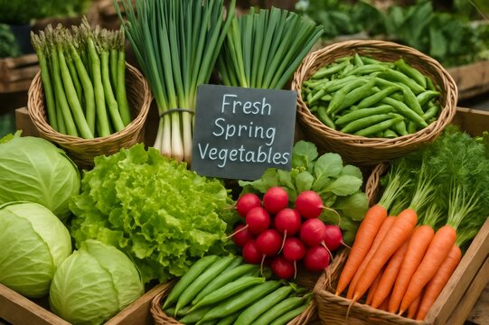 Various freshly harvested green produce including asparagus, lettuce, peas, cabbage, radishes, carrots on display