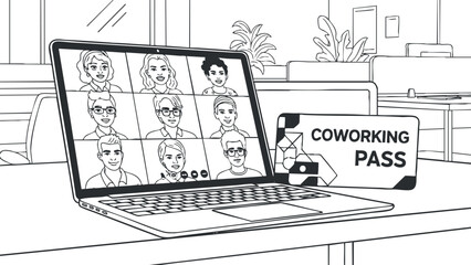 A laptop displaying a video conference with multiple participants in black and white minimalist vector style, featuring a coworking pass, ideal for remote work and coworking space branding