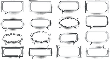 Obraz premium A collection of speech bubbles in various styles and shapes in black and white vector illustration, ideal for comic designs and creative projects