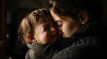 Emotional bond between a crying child and a comforting mother in a cozy, dimly lit setting.