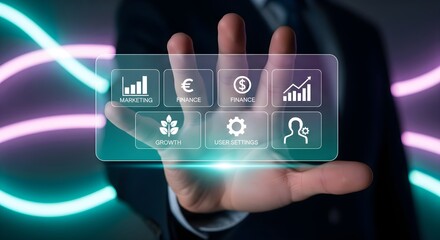 Business Hand with Data Interface: A professional's hand interacts with a cutting-edge data interface, showcasing the essence of modern business and technological innovation. 