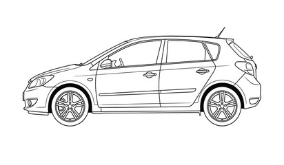 Detailed hatchback car line art illustration for coloring or design projects featuring a distinctive silhouette style on a white background silhouette
