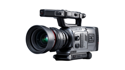 Professional video camera with large lens isolated on transparent background